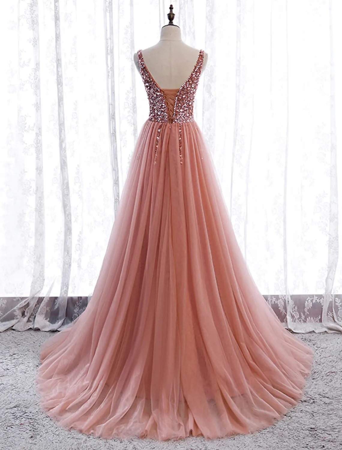 A-Line Prom Dresses Elegant Dress Wedding Guest Party Wear Court Train Sleeveless V Neck Polyester with Pearls Embroidery