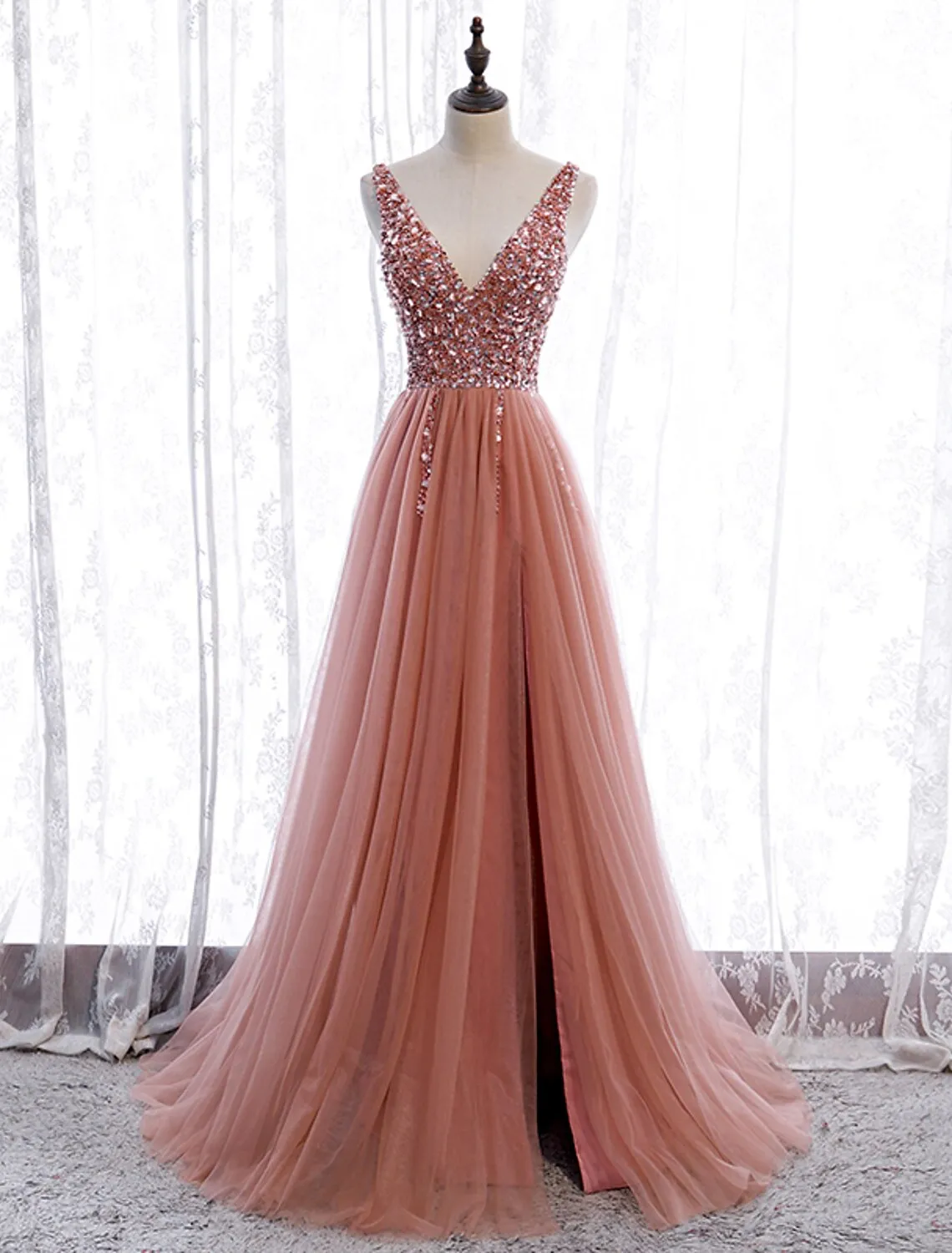 A-Line Prom Dresses Elegant Dress Wedding Guest Party Wear Court Train Sleeveless V Neck Polyester with Pearls Embroidery