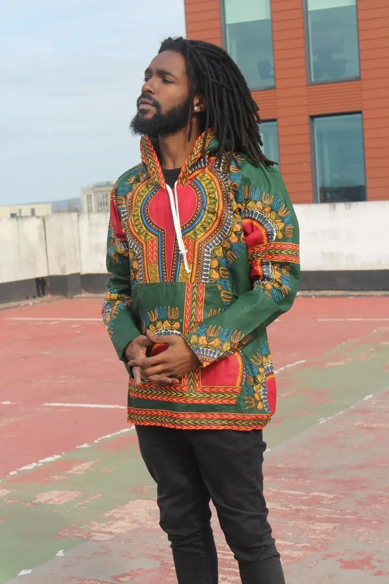 African Hoodie in Green Dashiki Print - Festival Hoodie