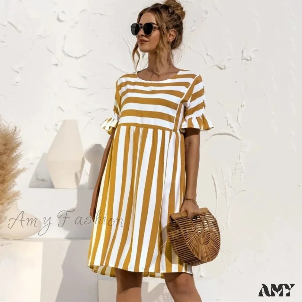 Amy Fashion - Elegant Ruffle Sleeve Striped Patchwork Dresses