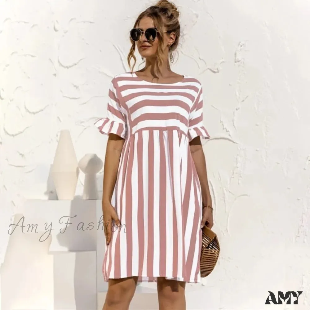 Amy Fashion - Elegant Ruffle Sleeve Striped Patchwork Dresses