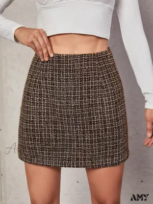 Amy Fashion - High Waist Plaid Tweed Skirt