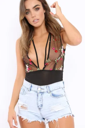 Black Sheer Floral Embroidered Body - Myracle