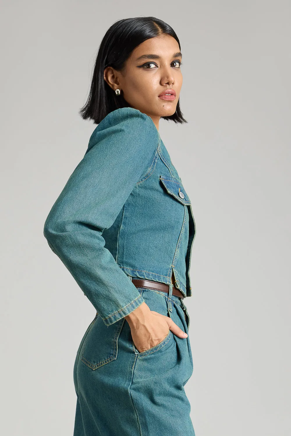 Blue Square Neck Denim Jacket