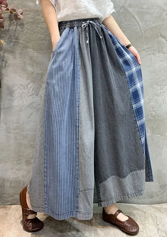 Casual Drawstring Elasticity Plaid Split-Joint Ninth Denim Pants LY3920