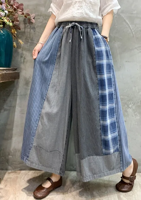 Casual Drawstring Elasticity Plaid Split-Joint Ninth Denim Pants LY3920