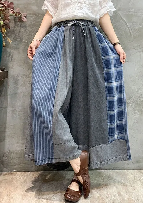 Casual Drawstring Elasticity Plaid Split-Joint Ninth Denim Pants LY3920