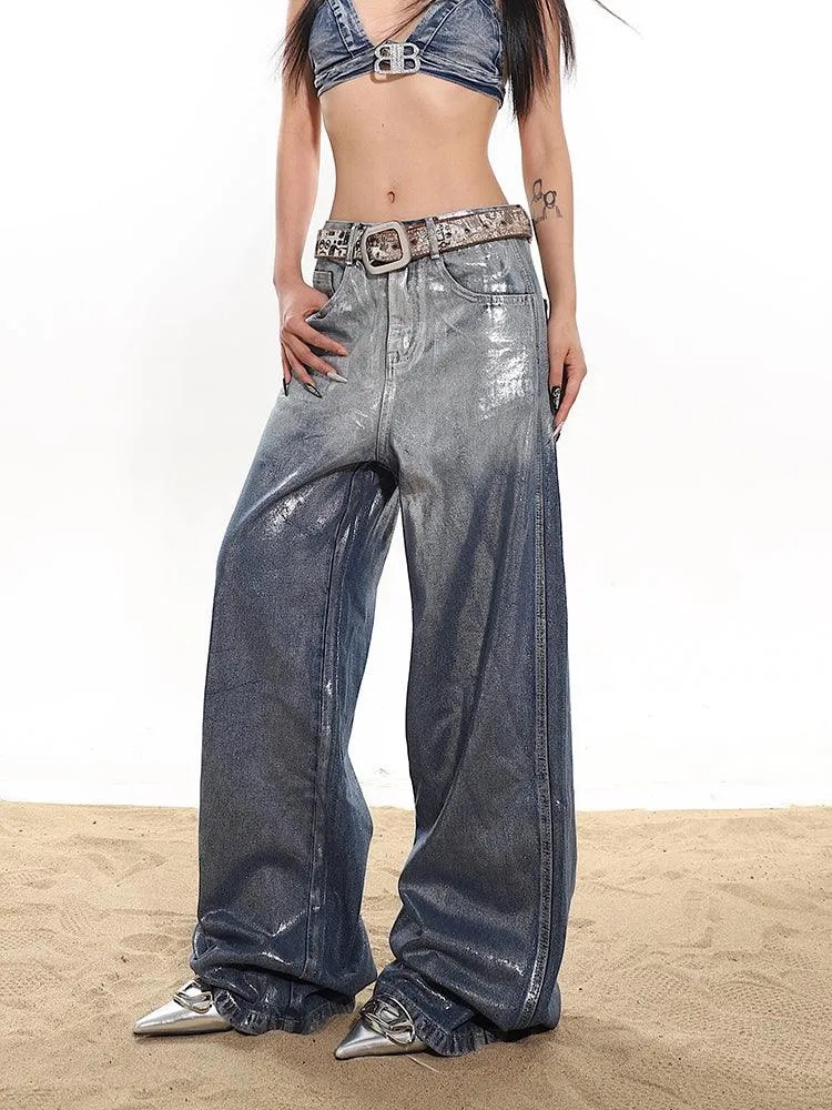 Chic Relaxed Fit Glossy Blue Denim Pants