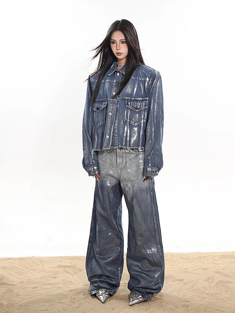 Chic Relaxed Fit Glossy Blue Denim Pants