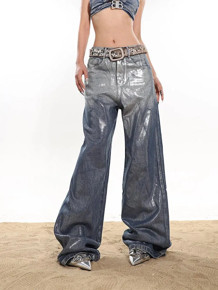 Chic Relaxed Fit Glossy Blue Denim Pants