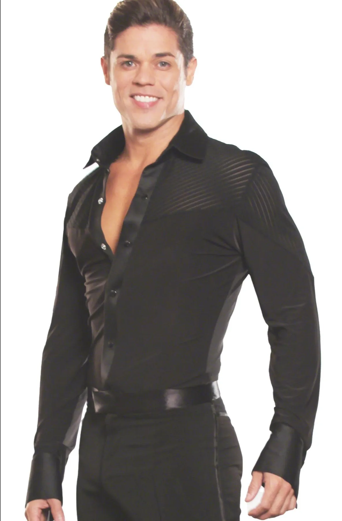 Dance America MS19 Men's Snap Closure Collared Stripe Inset Ballroom Shirt with Trunks in Stock