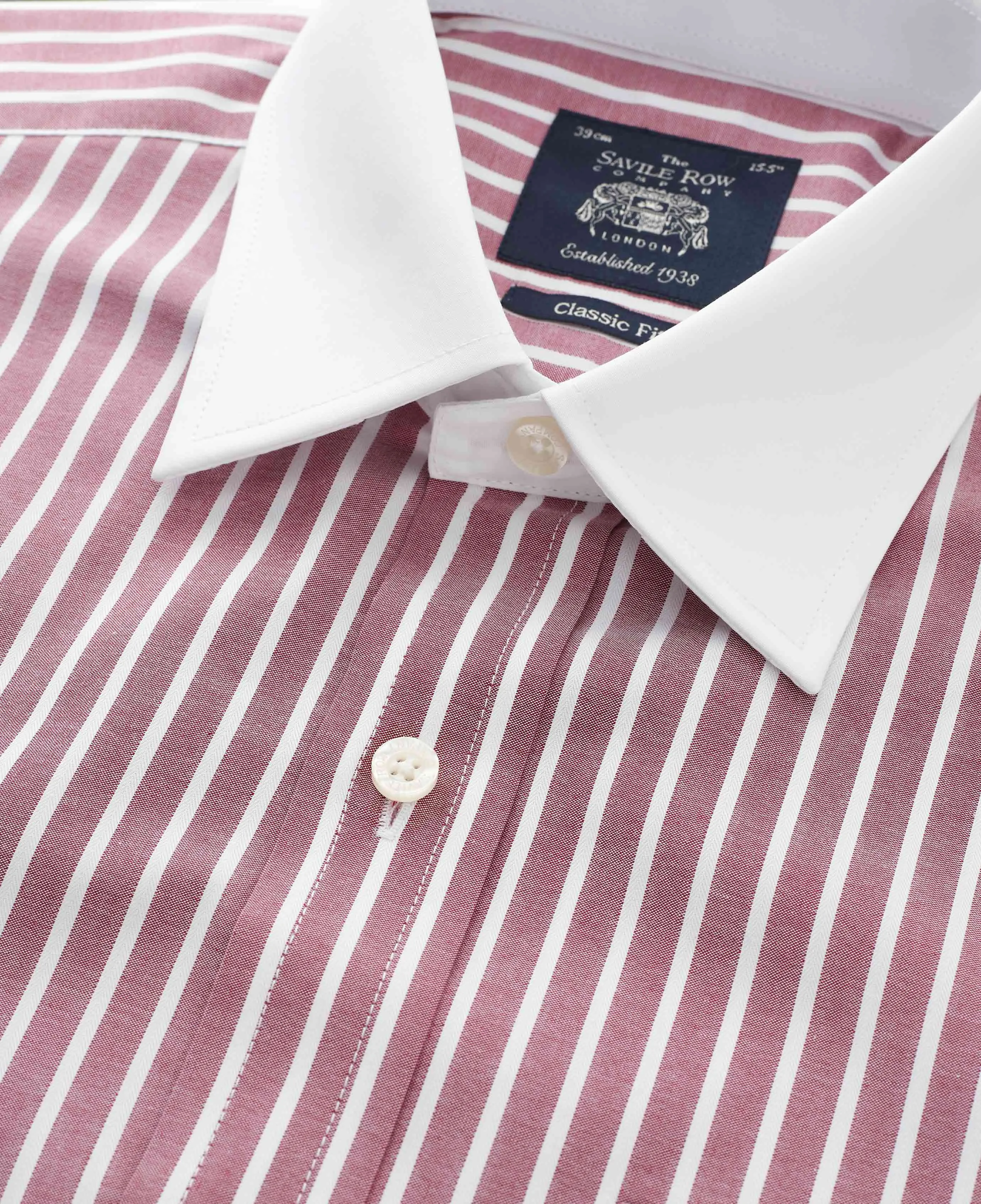 Dark Red White Stripe Classic Fit Shirt With White Collar & Cuffs - Double Cuff