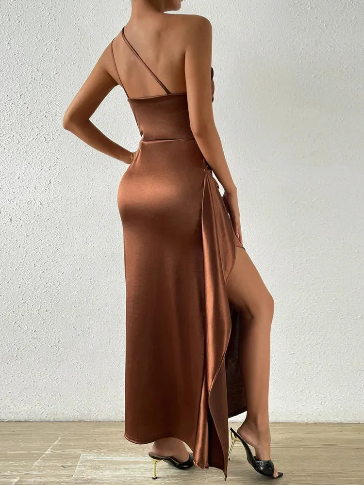 DressBetty - 2024 Satin Oblique Shoulder Maxi Dress with Thigh High Split Cut Out Dresses