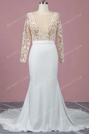 Floral Lace with Nude Mesh Lining Crepe Wedding Dress