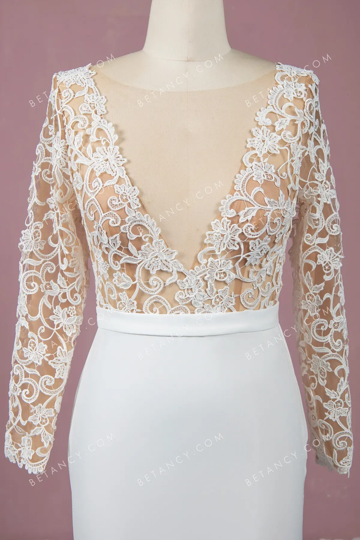 Floral Lace with Nude Mesh Lining Crepe Wedding Dress