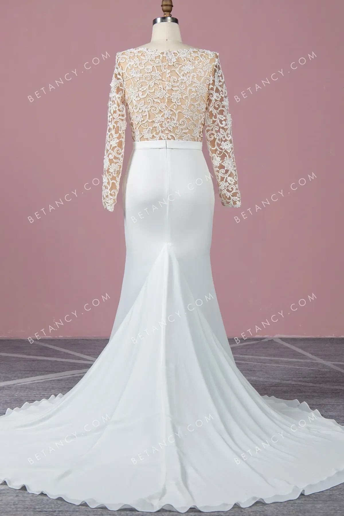 Floral Lace with Nude Mesh Lining Crepe Wedding Dress