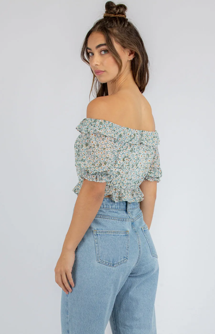 Fun Printed Shirred Crop With Bubble Sleeves