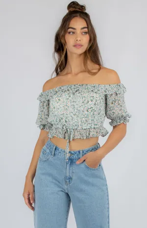 Fun Printed Shirred Crop With Bubble Sleeves