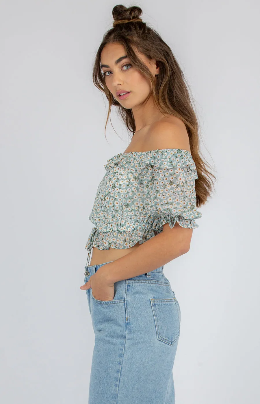 Fun Printed Shirred Crop With Bubble Sleeves