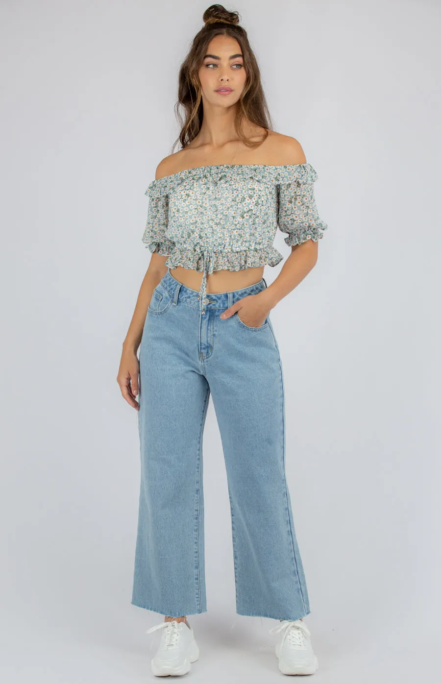 Fun Printed Shirred Crop With Bubble Sleeves