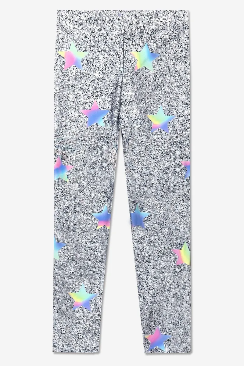 High Shine Long Legging - Silver Glitter Pastel Stars