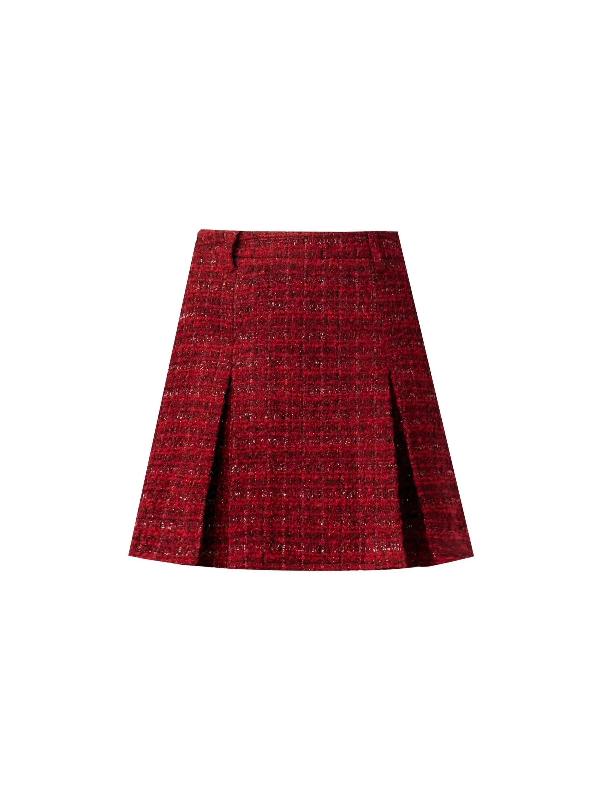 Luxe Burgundy Tweed Set: Fur-Trimmed Blazer and Pleated Mini Skirt