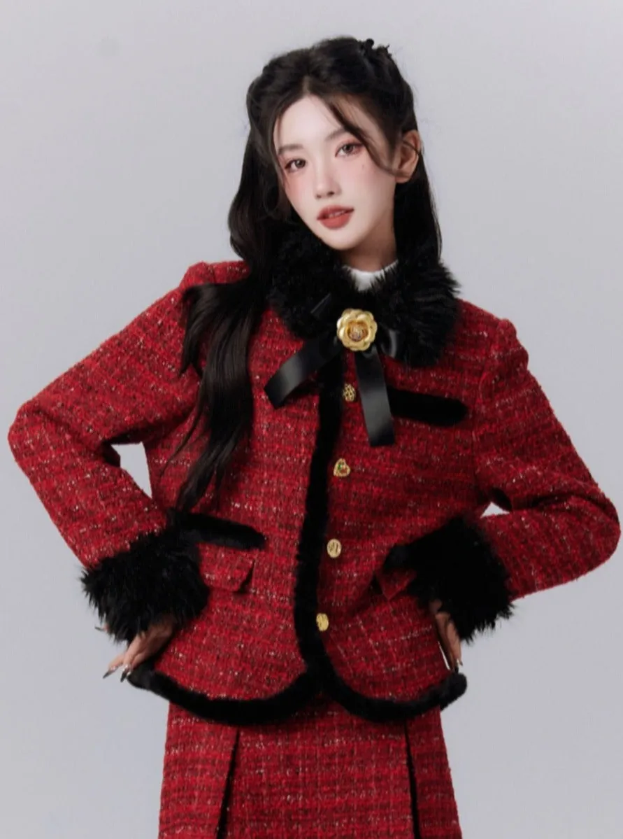 Luxe Burgundy Tweed Set: Fur-Trimmed Blazer and Pleated Mini Skirt