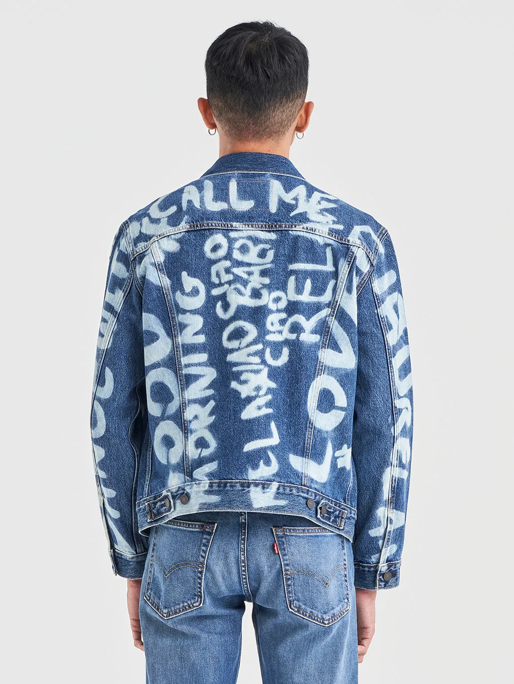 Men's Graphic Print Spread Collar Denim Jacket