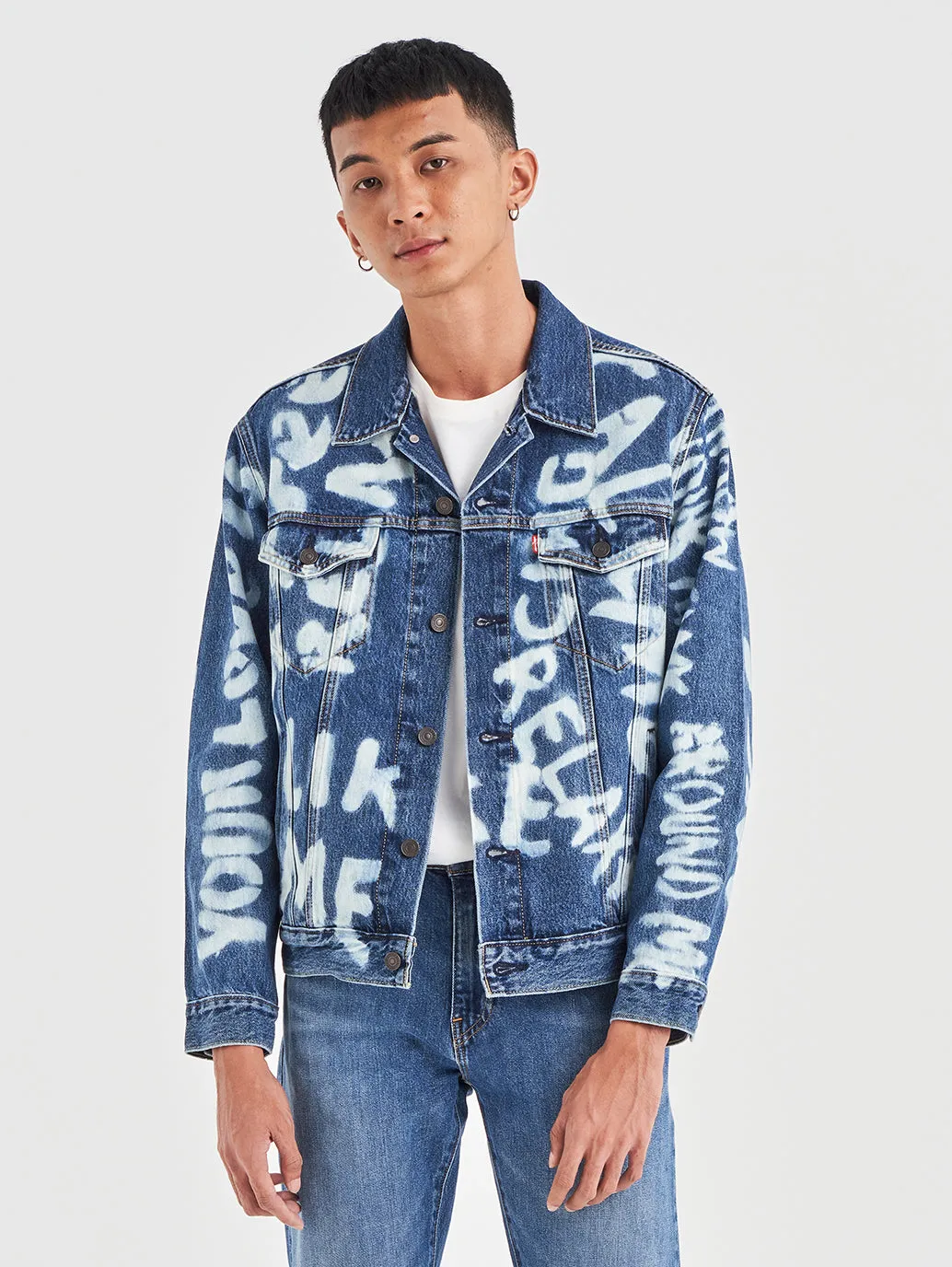 Men's Graphic Print Spread Collar Denim Jacket