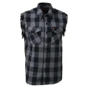 Milwaukee Leather MNG11689 Men’s Classic Black and Grey Button-Down Flannel Cut Off Frayed Sleeveless Casual Shirt