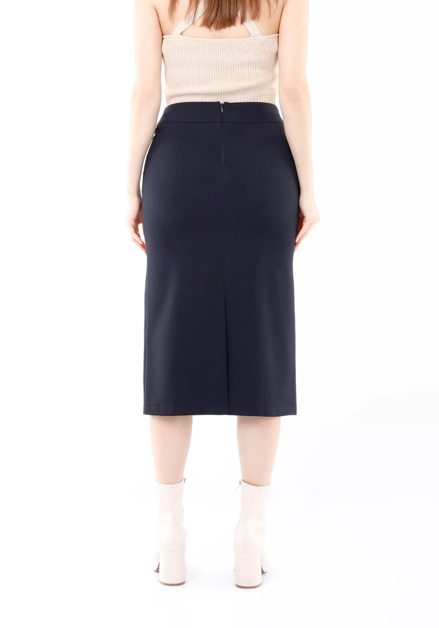 Navy Blue Back Vented Midi Pencil Skirt