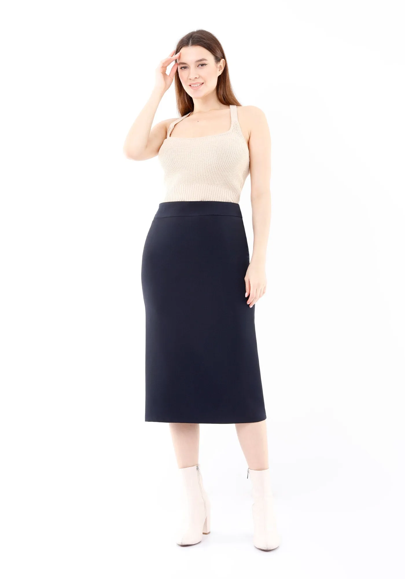 Navy Blue Back Vented Midi Pencil Skirt