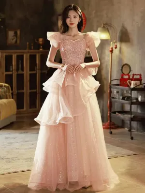 Pink Flying Sleeve & Ruffle Fluffy Prom Dress