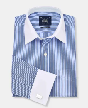 Royal Blue White Stripe Classic Fit Formal Shirt With White Collar & Cuffs - Double Cuff