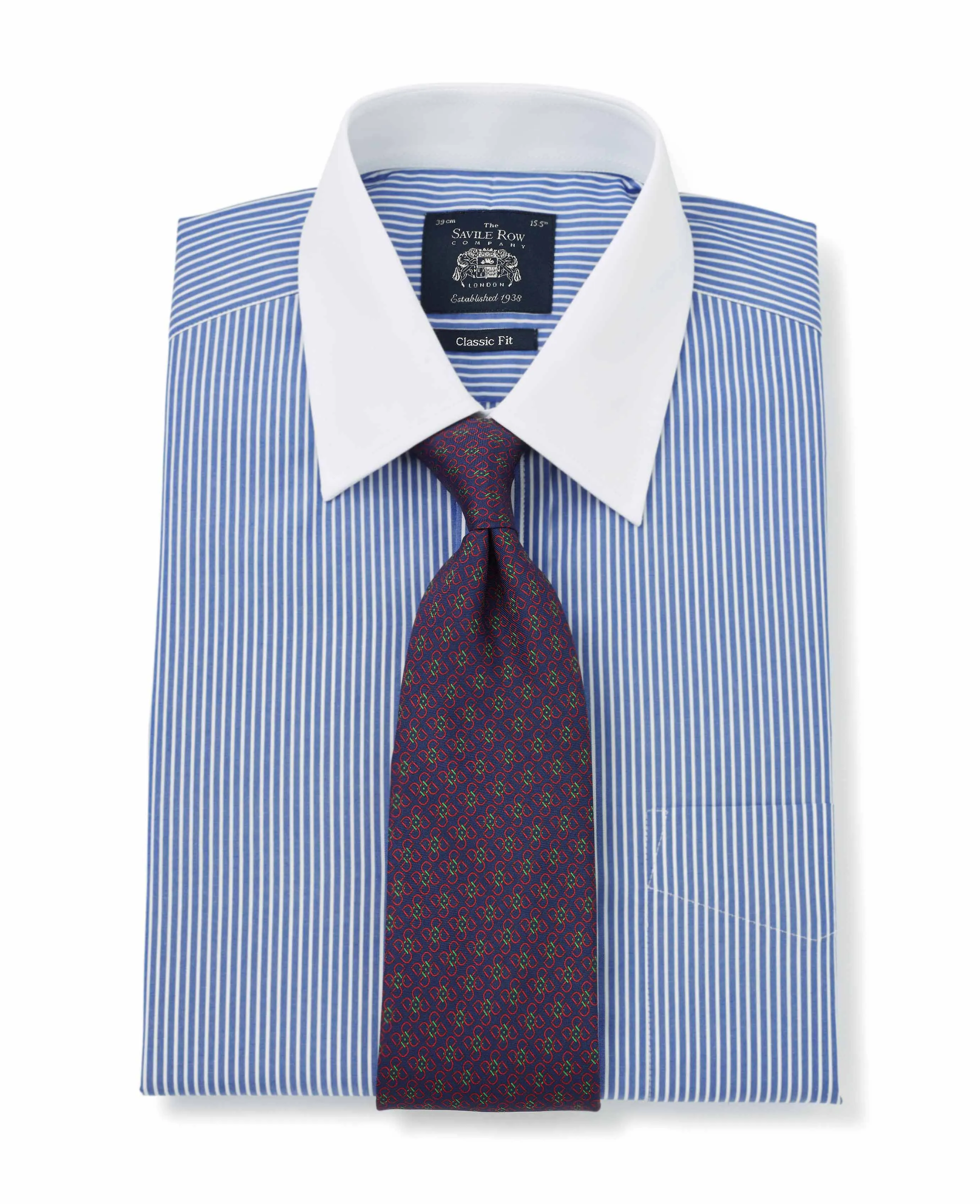 Royal Blue White Stripe Classic Fit Formal Shirt With White Collar & Cuffs - Double Cuff