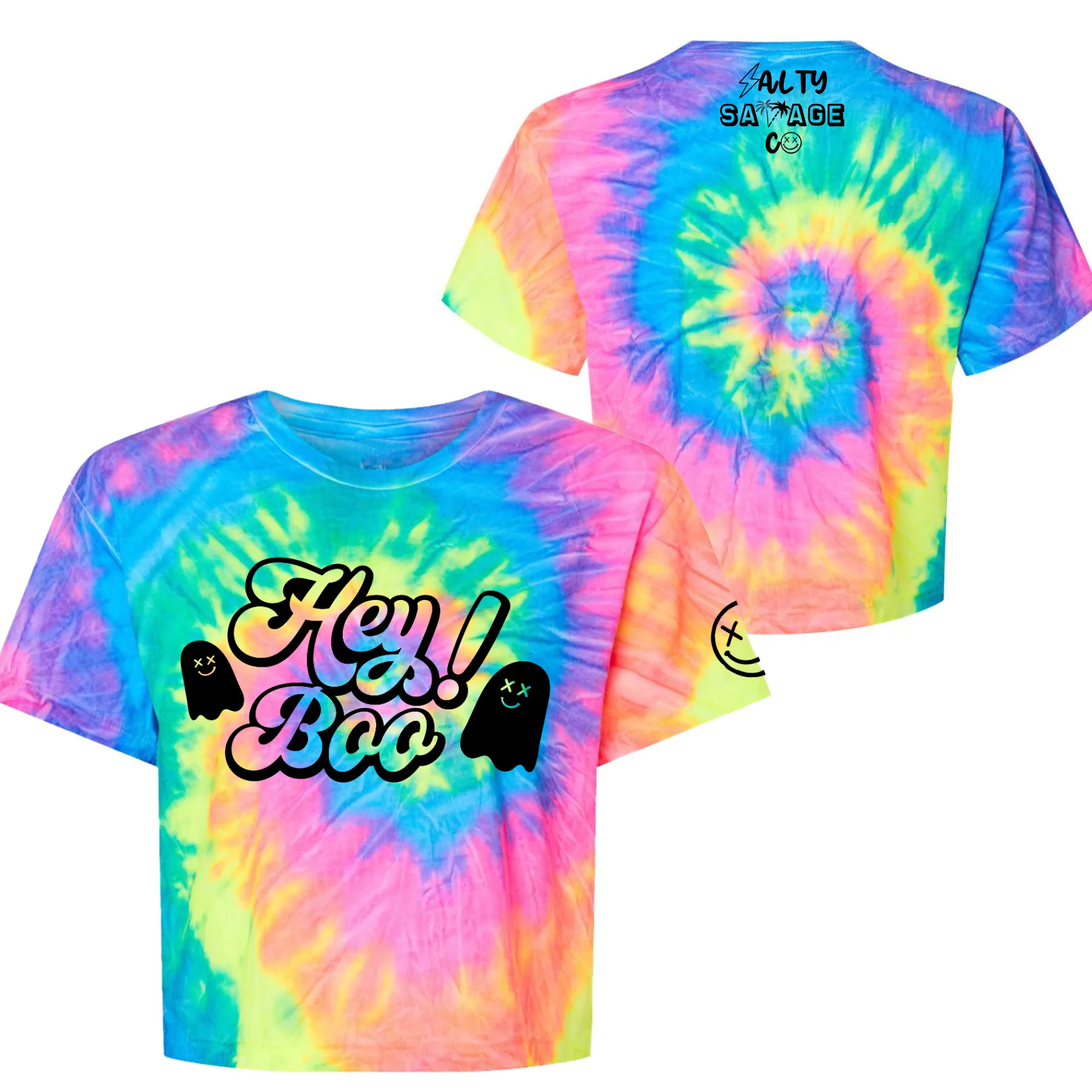 Salty Savage Ladies "HEY BOO" Spiral Tie Dye Crop Tee