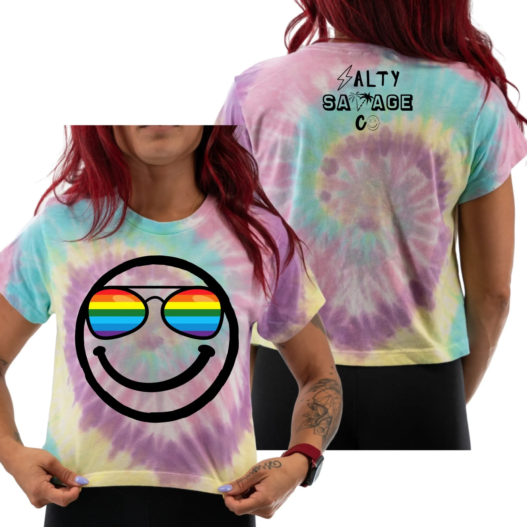 Salty Savage Ladies "OG PRIDE SMILE" Spiral Tie Dye Crop Tee