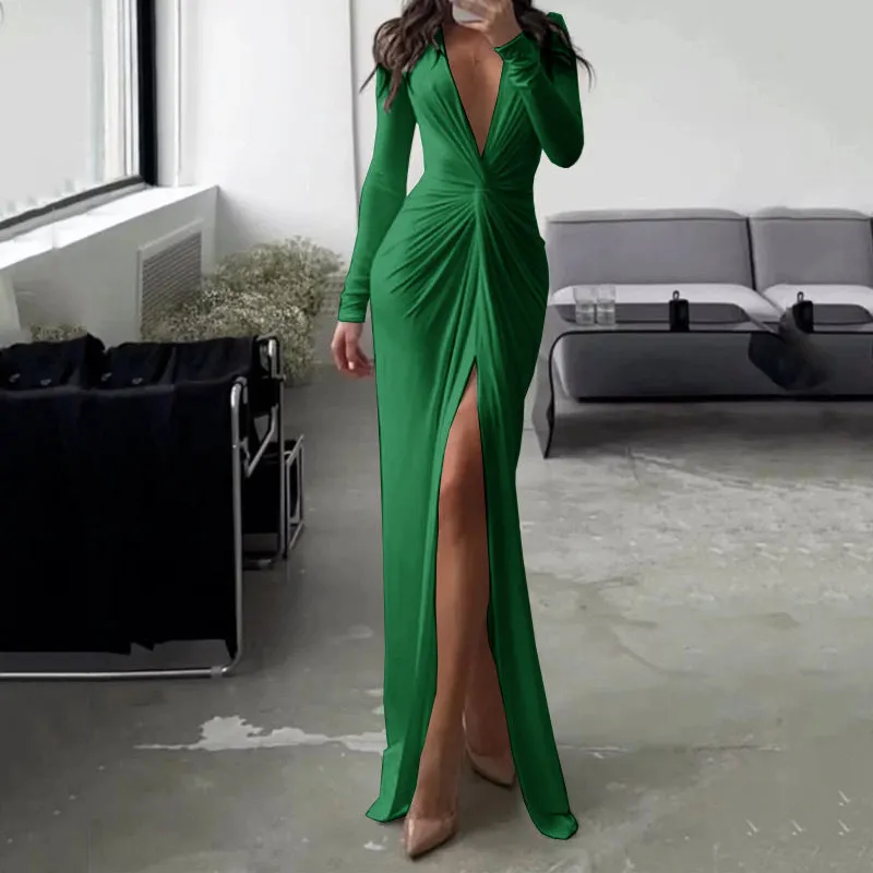 Sexy Slit V Neck Long Sleeve Bodycon Pleated Dress