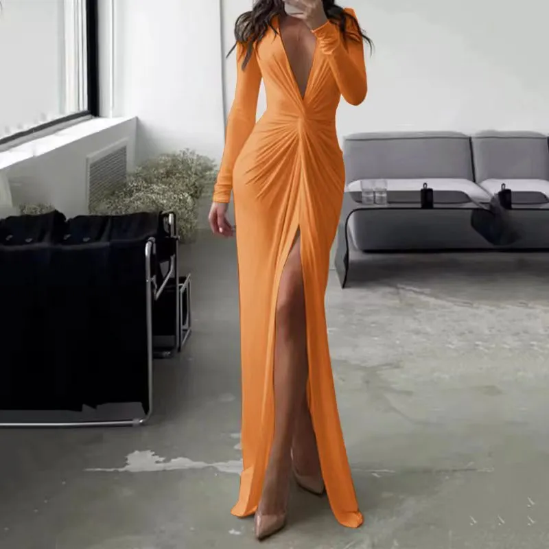 Sexy Slit V Neck Long Sleeve Bodycon Pleated Dress