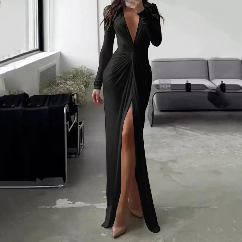 Sexy Slit V Neck Long Sleeve Bodycon Pleated Dress