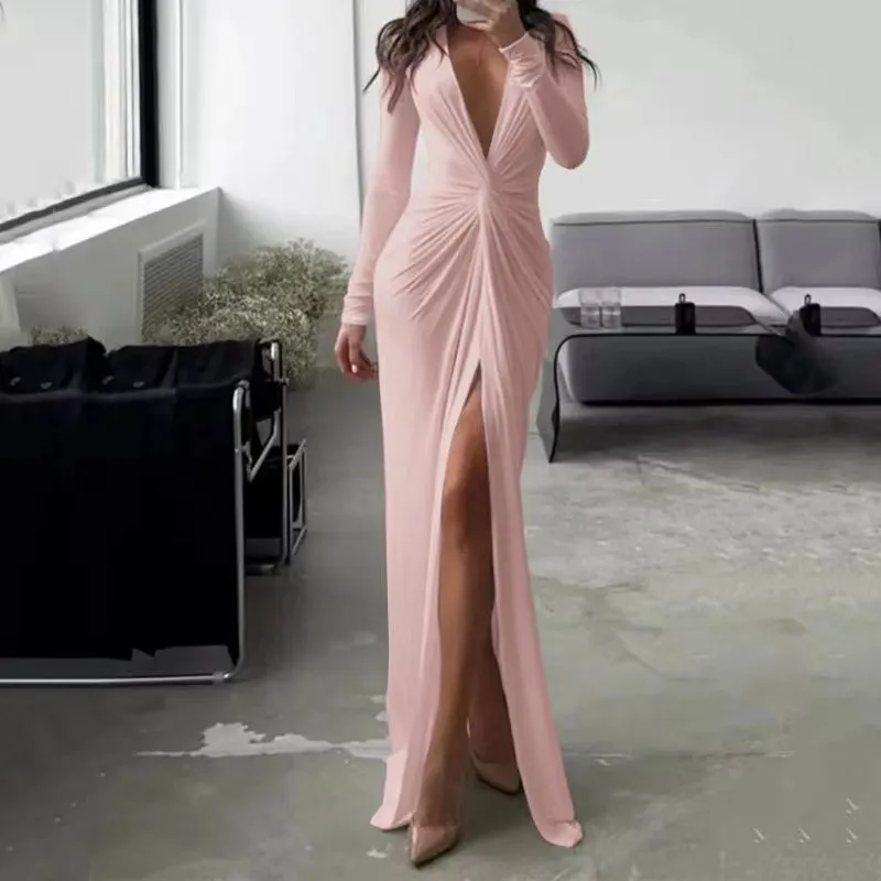 Sexy Slit V Neck Long Sleeve Bodycon Pleated Dress