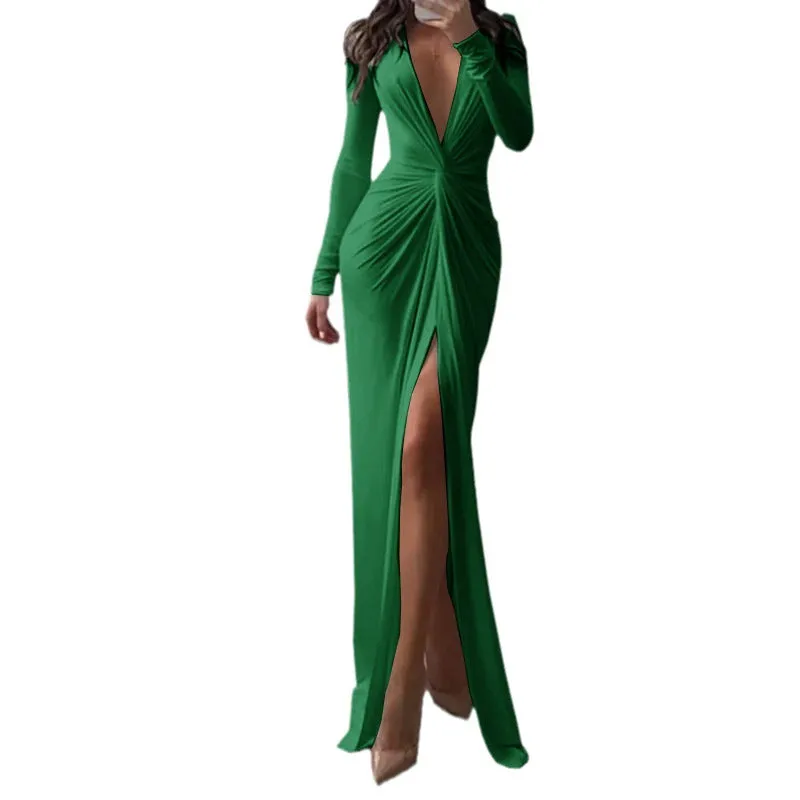 Sexy Slit V Neck Long Sleeve Bodycon Pleated Dress