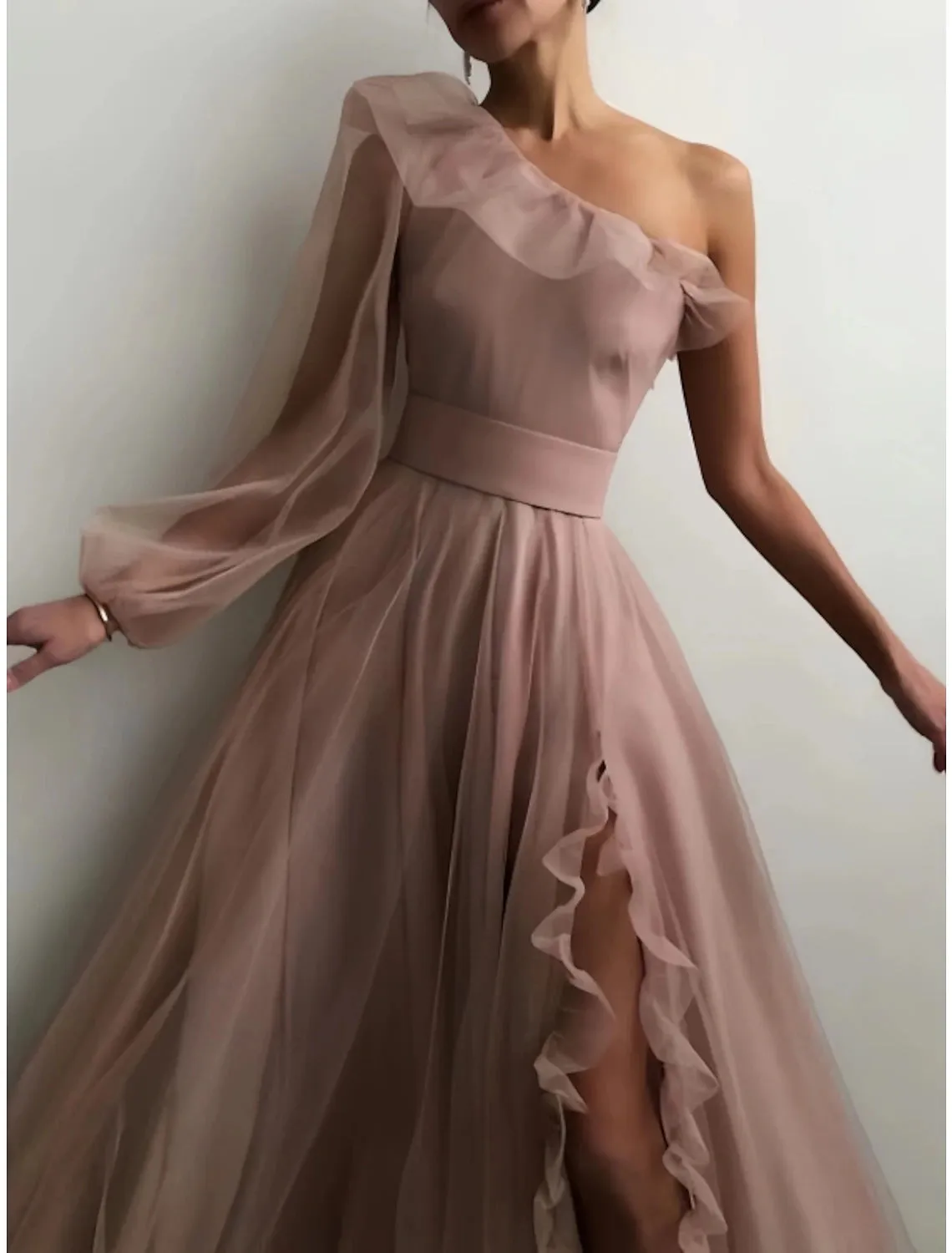 Sheath Party Dress Prom Dresses Elegant Dress Prom Birthday Floor Length Long Sleeve One Shoulder Tulle with Pleats Ruffles Slit