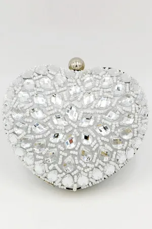 Silver Beaded Heart Shaped Party Clutch