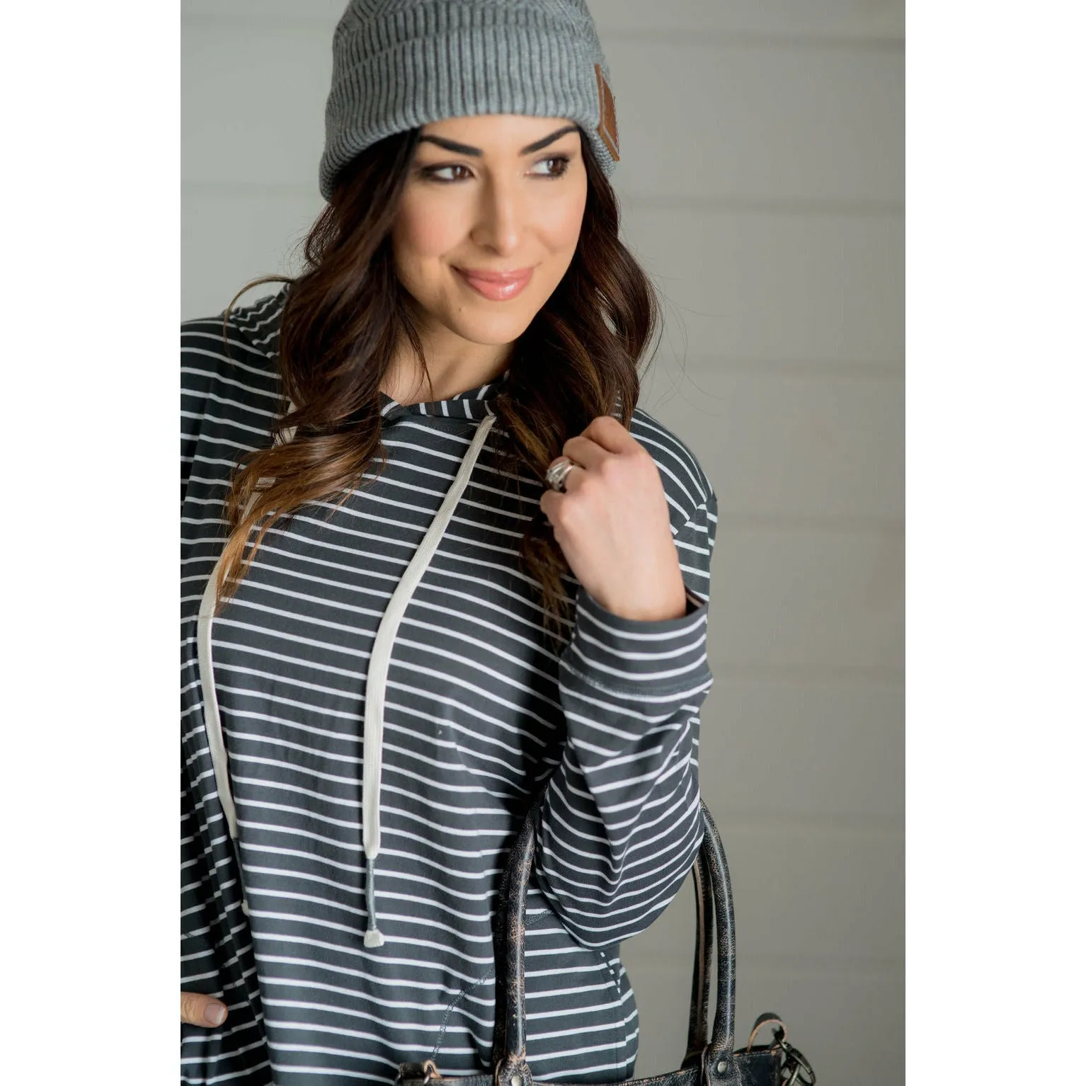 Striped Pocket Hoodie - Charcoal