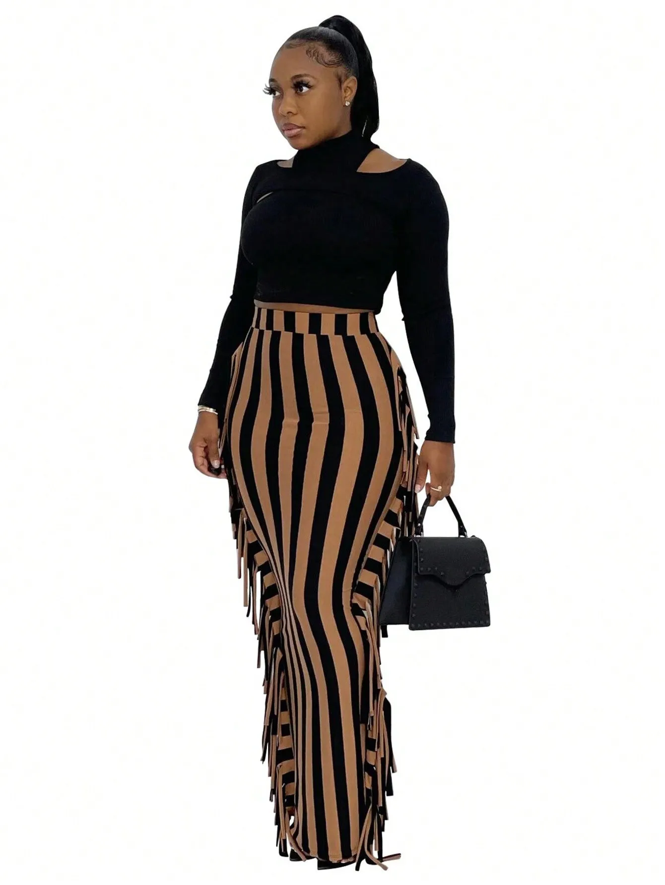 Striped Print Fringe Trim Skirt