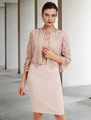 Two Piece Sheath / Column Mother of the Bride Dress Church Elegant Jewel Neck Knee Length Chiffon Lace Short Sleeve Short Jacket Dresses with Ruffles Appliques