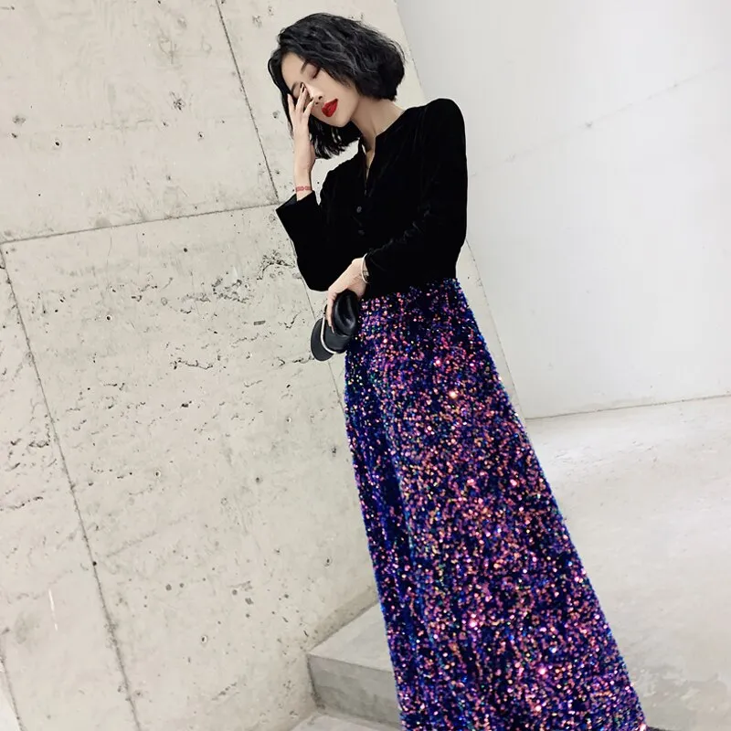 wei yin AE0201 Saudi Arabic Long Sleeve Evening Dress Muslim 2019 V Neck Sequin Gown Dubai Women Dresses Evening Party Dress