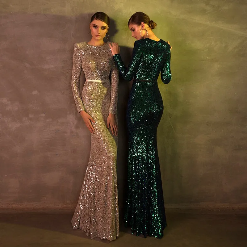 wei yin AE0453 Black Muslim O Neck Long Sleeve Glitter Sequin Bling Green Mermaid Floor Length Prom Dresses Evening Dresses